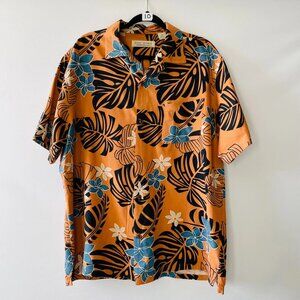 Island Republic Mens Orange Tropical Print Silk Hawaiian Button Up Shirt Size XL